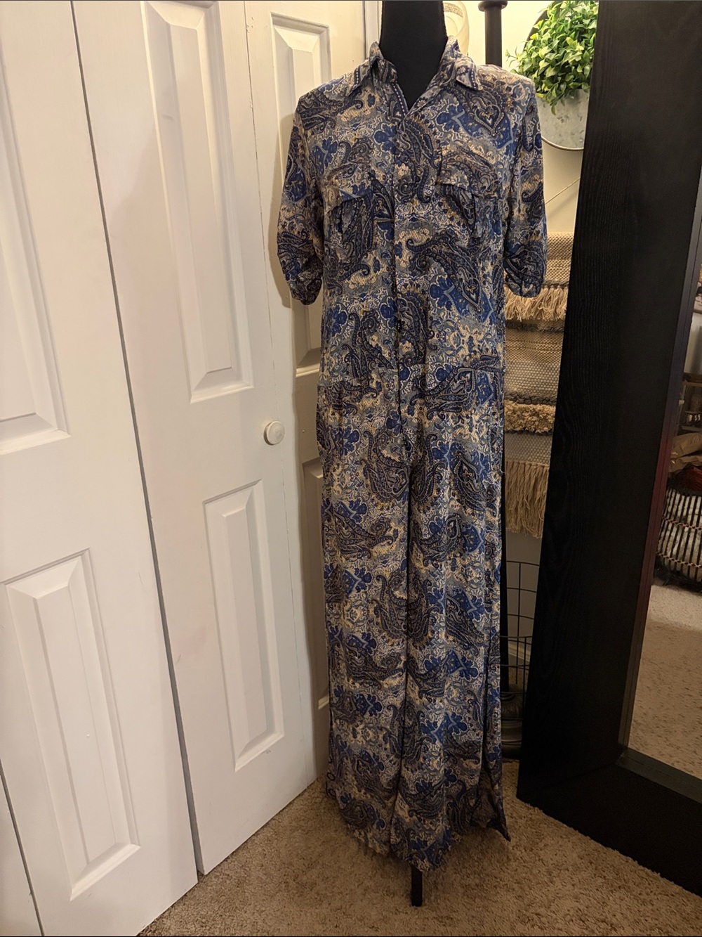Blue Paisley Hidden Button-Front Jumpsuit with Wide Leg